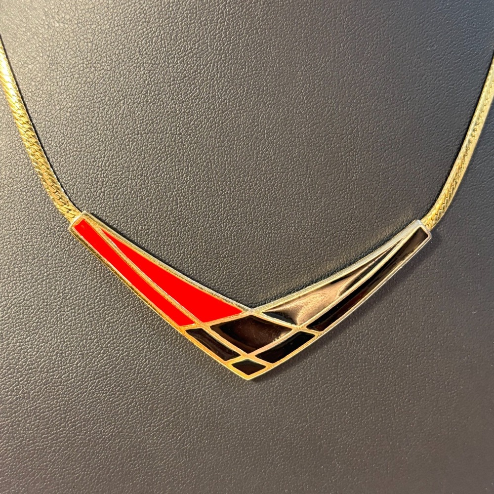 Vintage Necklace and Clip-On Earring Set Red Black Enamel Geometric Art Deco 90s - Picture 3 of 11